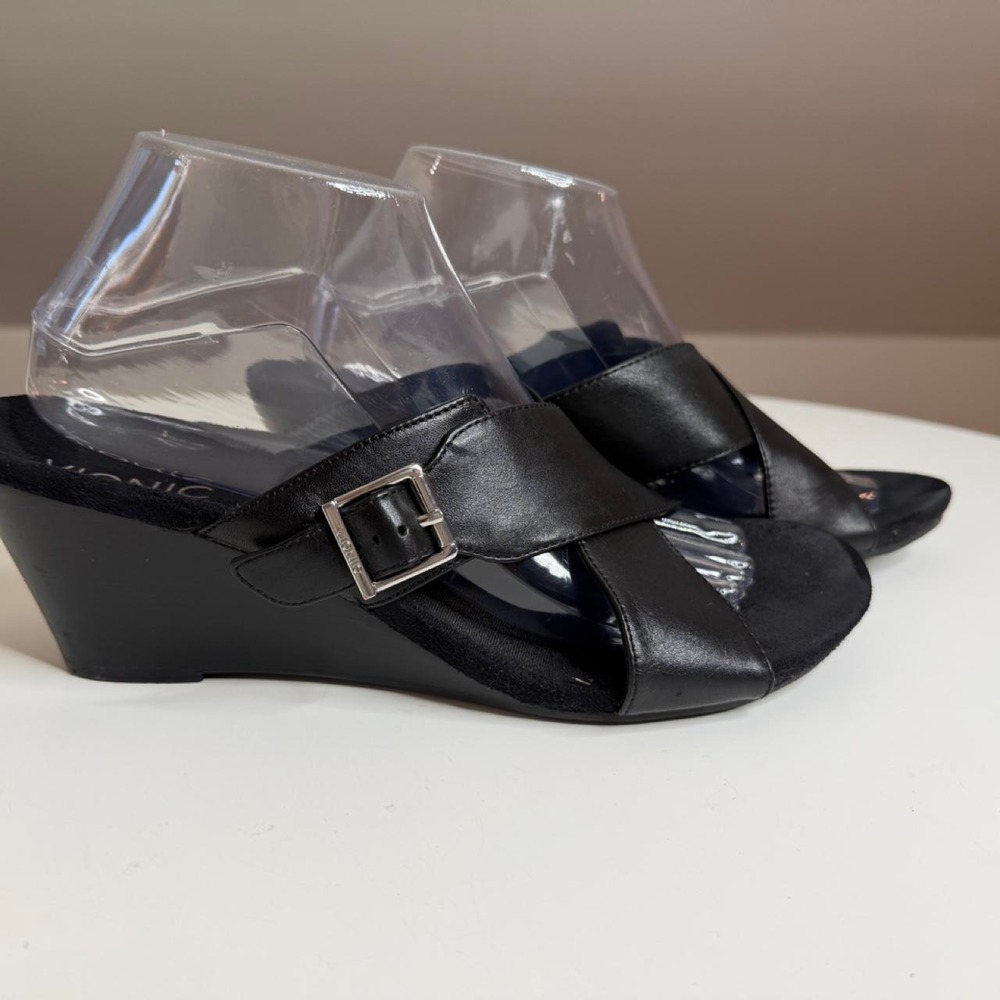 Vionic Black Leather Criss Cross Wedge Sandals quiet luxury Mob wife